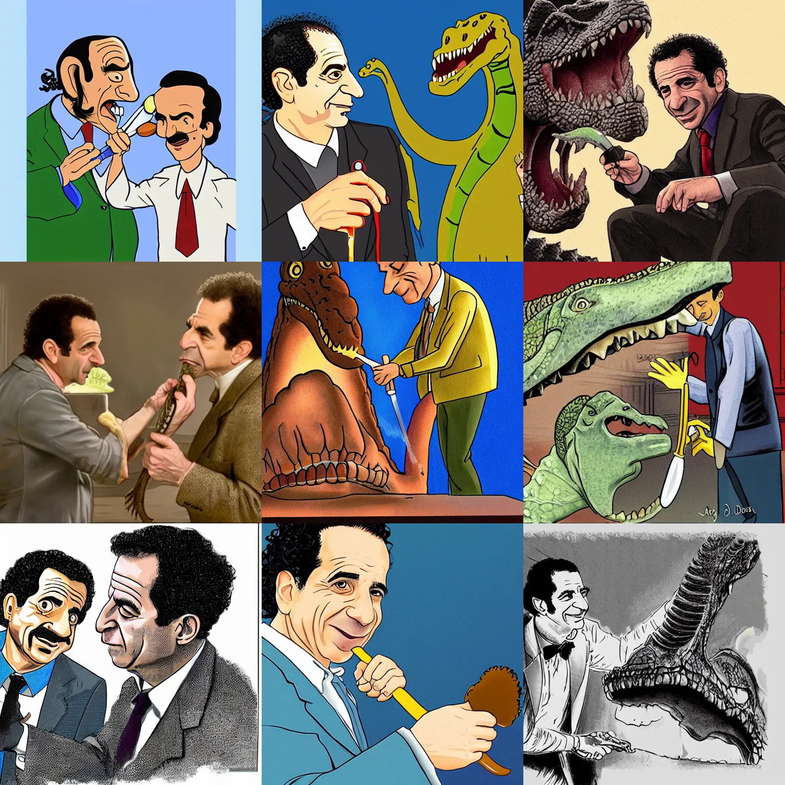 Prompt: Tony Shalhoub as Adrian Monk brushes the teeth of a dinosaur, illustration by J.Dickenson