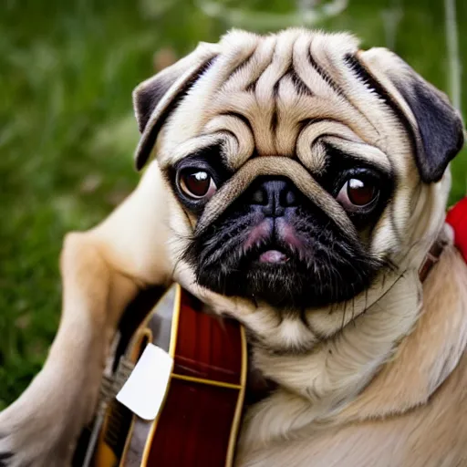 Prompt: pug with a big blonde wig playing delta blues, photograph