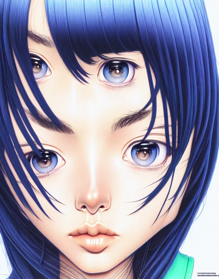 Image similar to extremely detailed color ink pen  illustration depicting an extreme close up face of a dainty young truant android female stoner prep highschool school student with medium length silky straight iridescent black hair and lightly suntanned skin, illustrated by Artgerm and Range Murata.