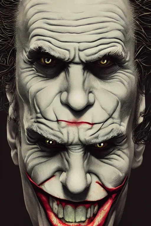 Prompt: cinematic portrait of the Joker. Centered, uncut, unzoom, symmetry. charachter illustration. Surreal render, ultra realistic, zenith view. Polished. Inspired by patricio clarey, heidi taillefer scifi painter glenn brown. Extremely ornated. artstation, cgsociety, unreal engine, ray tracing, detailed illustration, hd, 4k, digital art, overdetailed art. Dslr, tiltshift, dof. 64megapixel. complementing colors. Trending on artstation, deviantart,