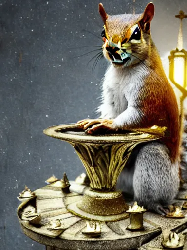 Image similar to a squirrel as king arthur, extremely plump, wearing crown of acorns and dandelions, servant squirrels, king arthur's court, game of thrones, sitting on throne, low angle, palace, fantasy art, cinematic lighting, realistic, sony 2 4 mm f 4. 0