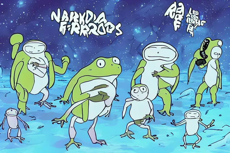 Prompt: “a group of baby harp seal cyborg warrior surrounding a group of ninja frogs, in the style of Rick and Morty”