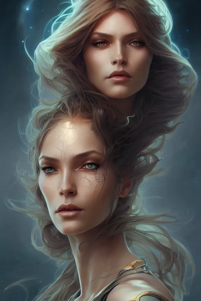 Image similar to futuristic woman portrait, sci-fi, amber eyes, face, long hair, fantasy, intricate, elegant, highly detailed, digital painting, artstation, concept art, smooth, sharp focus, illustration, art by artgerm and greg rutkowski and alphonse mucha