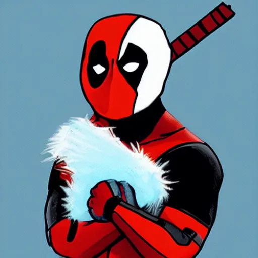 Image similar to a child of Deadpool and penguin would look like