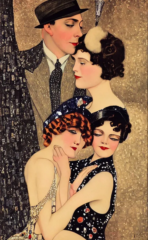 Image similar to an oil painting of jazz age high society life, 1920s style, dressed in 1920s fashion, smooth, highly detailed, high contrast, by Klimt, Coles Phillips, Dean Cornwell, JC Leyendecker, 8K