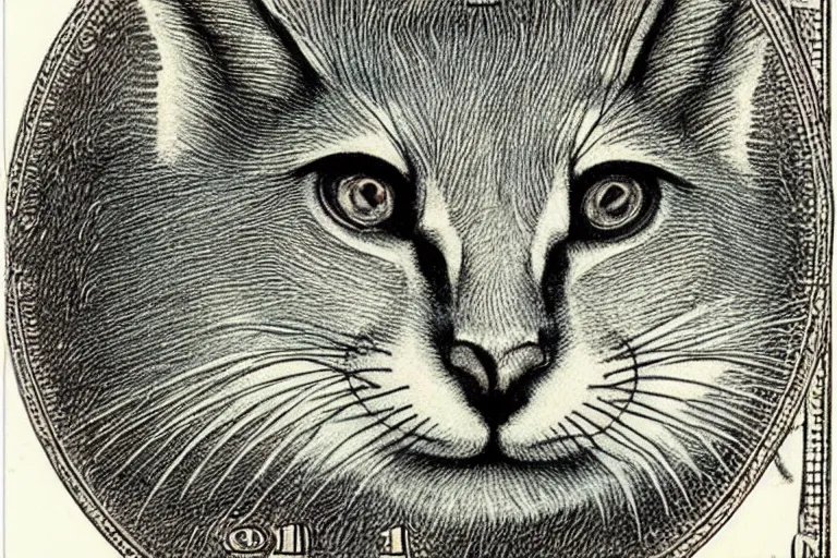 Image similar to cute caracal face at $100 bill, banknote, intaglio style, macro, realistic