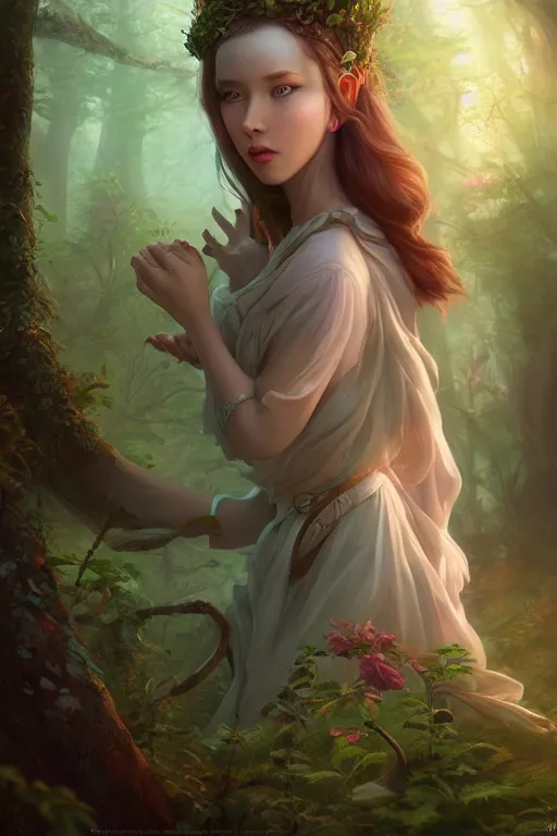 Prompt: woman woshiping god in dreamy forest, fantasy, 8 k resolution, hyper detailed, d & d, character design, digital painting, trending on artstation, sharp focus, illustration, art by artgerm, steve zheng, fuji choko, viktoria gavrilenko, hoang lap