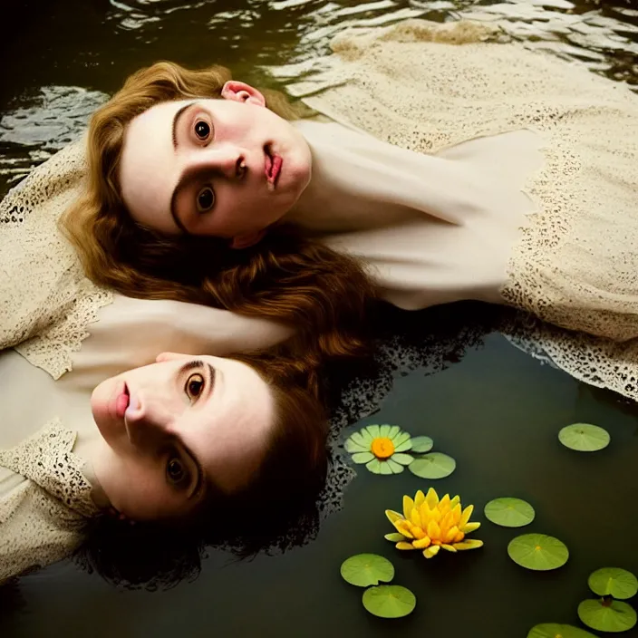 Image similar to Kodak Portra 400, 8K, soft light, volumetric lighting, highly detailed, brit marling style 3/4 ,view from above of close-up portrait photo of a beautiful woman how pre-Raphaelites painter, to float on one's back, part of the face is emerging of a pond with water lilies, she has a beautiful lace dress and hair are intricate with highly detailed realistic beautiful flowers , Realistic, Refined, Highly Detailed, natural outdoor soft pastel lighting colors scheme, outdoor fine art photography, Hyper realistic, photo realistic,warm lighting,