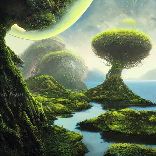 Image similar to beautiful digital artwork of a lush natural scene on an alien planet by lurid ( 2 0 2 2 ). artistic science fiction. extremely detailed. beautiful landscape. weird vegetation. cliffs and water.