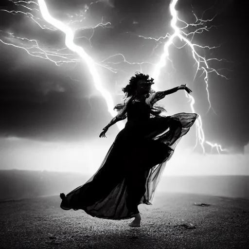 Prompt: wild woman dancing in an epic storm with lightning, fire, creepy shadows, Tim Burton, black and white photograph, 40mm, hyper detailed, 8k, clear,