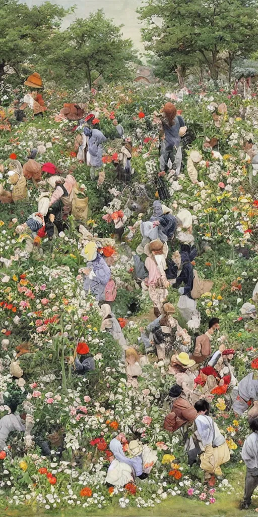 Prompt: oil painting scene from gardeners crowd in the flower garden by kim jung gi