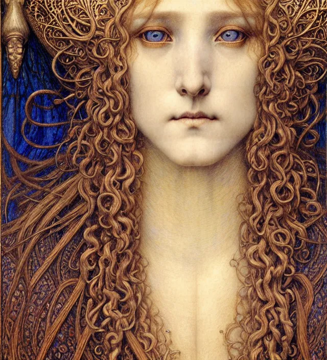 Image similar to detailed realistic beautiful young medieval queen face portrait by jean delville, gustave dore and marco mazzoni, art nouveau, symbolist, visionary, gothic, pre - raphaelite. horizontal symmetry