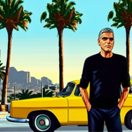 Image similar to george clooney in gta v. los santos in background, palm trees in the art style of stephen bliss