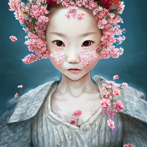 Prompt: the portrait of an absurdly cute, graceful, elegant, young japanese baby girl made of cherry flowers and petals, an ultrafine hyperdetailed illustration by kim jung gi, irakli nadar, intricate linework, bright colors, octopath traveler, unreal engine 5 highly rendered, global illumination, radiant light, detailed and intricate environment