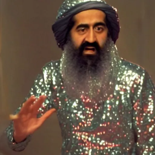 Image similar to A still of Osama Bin Laden wearing a disco suit in Saturday Night Fever