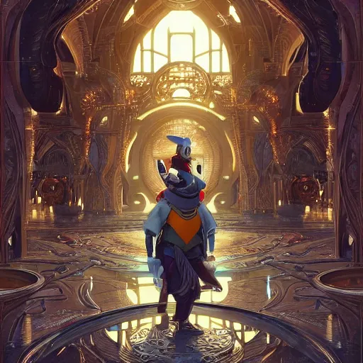 Image similar to ultra realistic illustration of cyborg donald duck, intricate, futuristic persian palace, elegant, alien, highly detailed, digital painting, artstation, concept art, smooth, sharp focus, illustration, art by artgerm and greg rutkowski and alphonse mucha