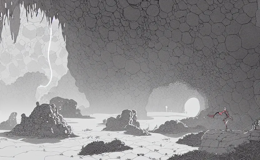 Image similar to natural cave wall, dynamic light, some old objects on the ground, mist low over ground, illustration by josan gonzales and moebius, clean line