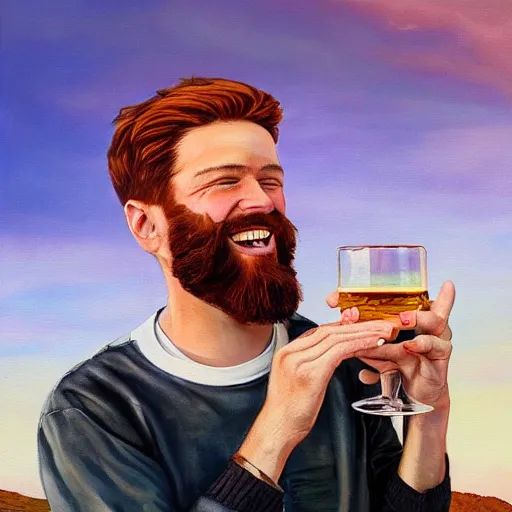 Prompt: a beautiful painting of a young man with short ginger hair and a beard holding a whisky glass in front of Arthur's Seat with a goofy grin and wide-set eyes, golden hour, realistic, Northern Irish features, trending on artstation
