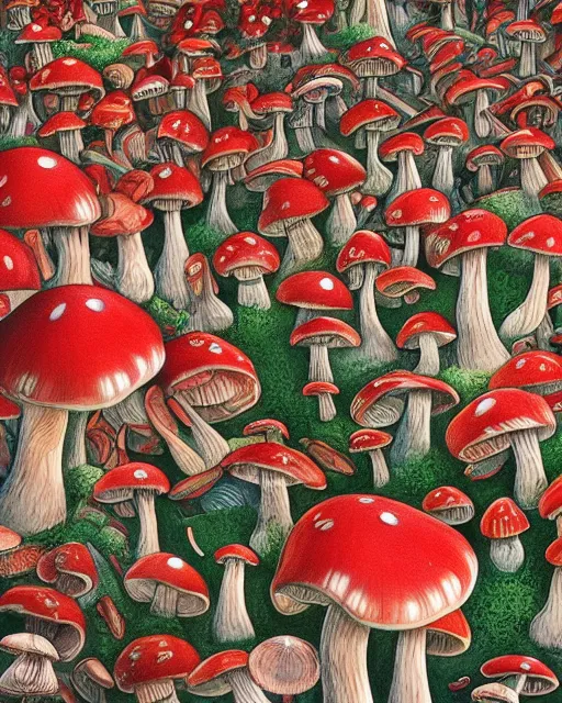 Prompt: a highly detailed strange fantastic magical red and white mushroom forest of houses and their inhabitants, many stories, by jacek yerka, matte painting, 8k resolution, vivid