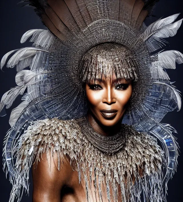 Prompt: photography portrait by paolo roversi of naomi campbell wearing a ornate transparent and metalic costume with feathers by iris van herpen, highly detailed, artstation, smooth, sharp foccus, artstation hq, skin grain detail, high detail, creativity in fashion design