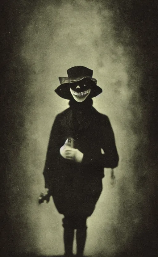 Prompt: a portrait photograph of a victorian wearing a scary vintage halloween mask, creepy, atmospheric, cinematic lighting, epic scene, 1 9 2 0 color photograph