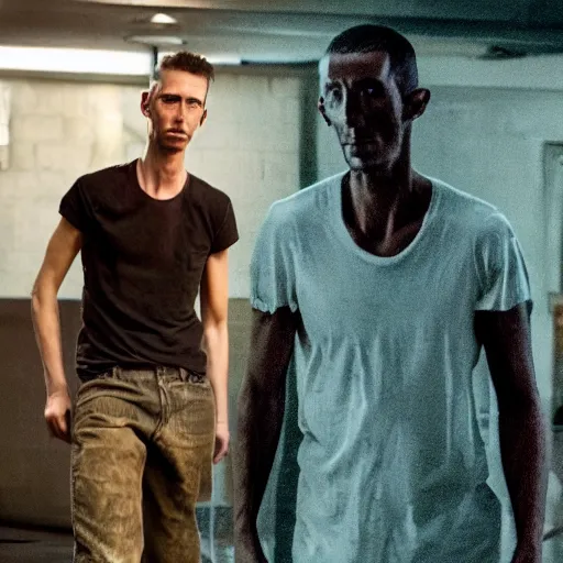 Image similar to still of scrawny Dwanye Johnson having lost 150 pounds in The Machinist remake 2029