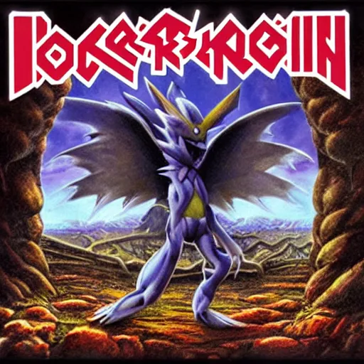 Prompt: of pokemon on iron maiden album cover, scary dystopian surrealism style, 8 k resolution hyperdetailed