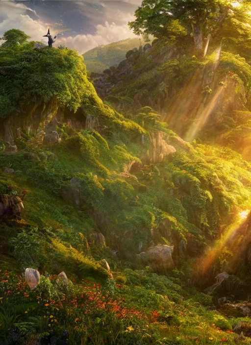 Image similar to a flying faerie in the distance of a lord of the rings scenery landscape, a vast lush valley flowers and wooden structures, stream, sunrise, god's rays highly detailed, vivid color, cinematic lighting, perfect composition, 8 k, gustave dore, derek zabrocki, greg rutkowski, belsinski, octane render