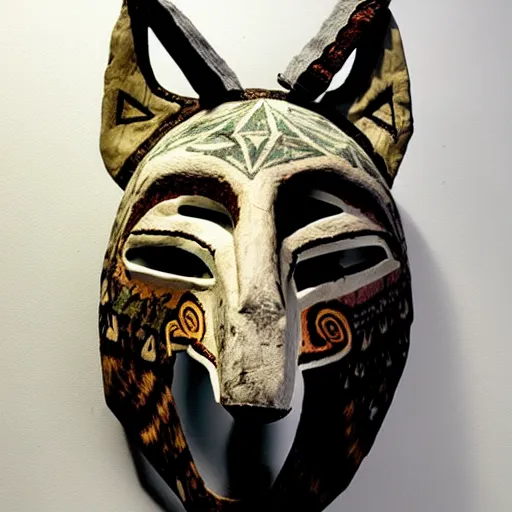 Image similar to paleolithic shamanic mask of wolf, studio photo