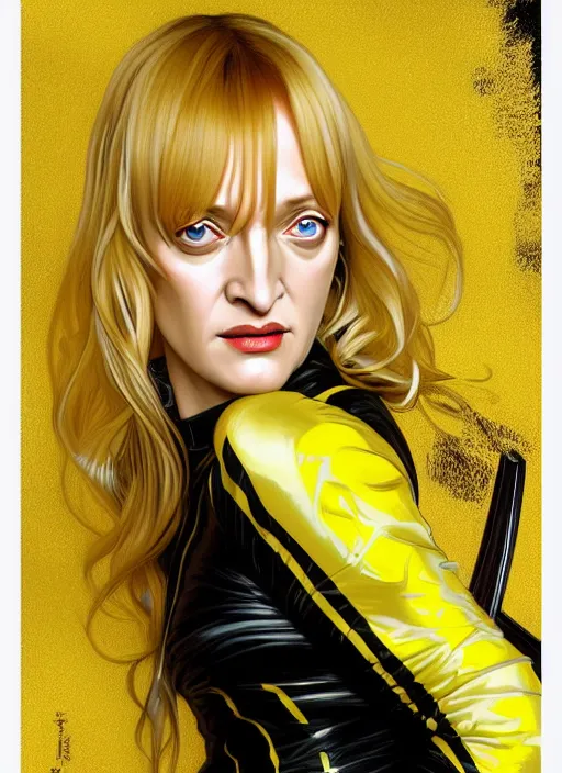 Prompt: uma thurman in kill bill, rococo and art nouveau fusion, reflective katana, yellow jumpsuit with black stripe, highly detailed, deep focus, elegant, digital painting, smooth, sharp focus, illustration, ultra realistic, japanese art by artgerm and alphonse mucha