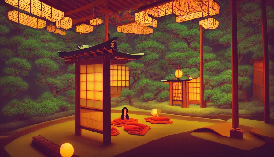 Prompt: Dreamy photo of a very cozy and surreal magical Japanese temple, in the style of Gucci, photographed by Petra Collins and Wes Anderson, glowing lights, magic details, painted by James Jean, very detailed, 8k, cinematic look,