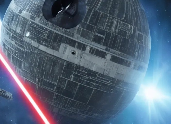 Image similar to film still of the death star hovering above earth in the new star wars movie, 4 k