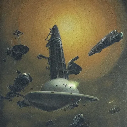 Prompt: A very detailed oil painting of a huge spaceship by Bosch