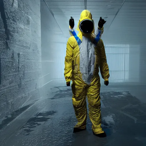 Prompt: hazmat suit wrestlemania, hyper realism, cinematic, volumetric lighting, epic composition, high detail, octane render, unreal engine, 8 k, concept art, 3 d render, datamosh, ray tracing, apocalyptic, intricate complexity, extremely detailed, very sharp,