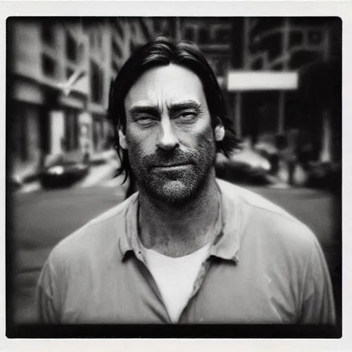 Image similar to polaroid picture, sepia, homeless jon hamm in the streets of houston, unshaved, perfect face, symmetrical face, fine details, day setting, ethereal, trending on artstation