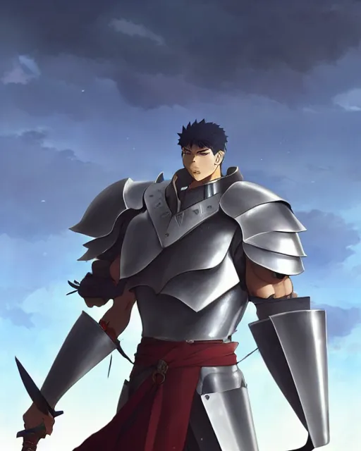 Image similar to powerful muscular warrior with a greatsword, fully clad in plate armor and wearing a cape, dramatic action pose, square masculine jaw, short messy hair, trending on pixiv fanbox, by greg rutkowski makoto shinkai takashi takeuchi studio ghibli, akihiko yoshida