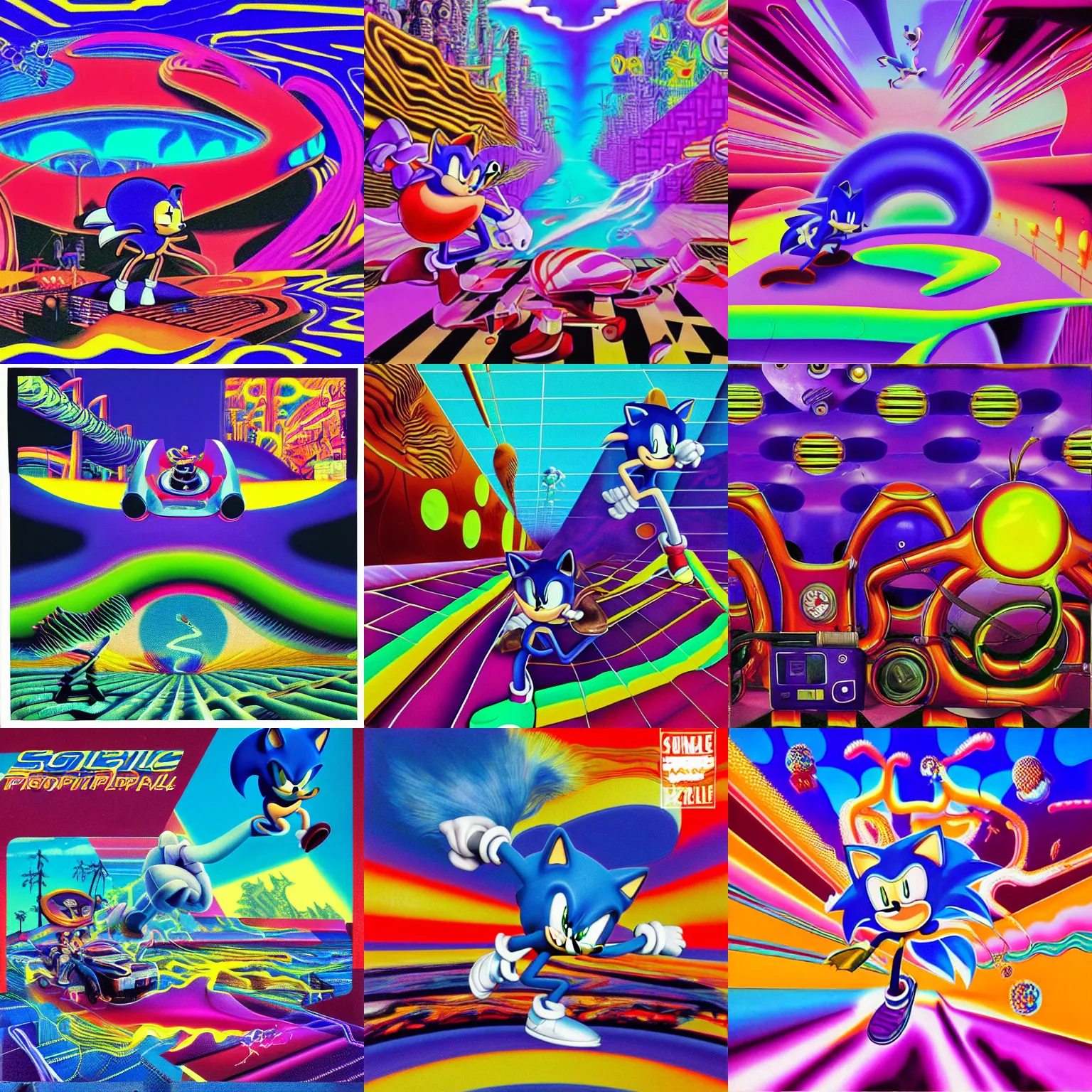 Prompt: surreal, detailed sonic professional, high quality airbrush art tame impala album cover of a liquid dissolving airbrush art lsd dmt sonic the hedgehog dashing through cyberspace, purple checkerboard background, 1 9 8 0 s 1 9 8 2 sega genesis video game album cover