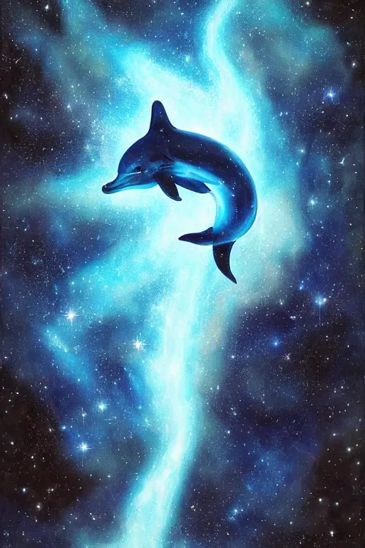 Image similar to Ethereal blue fire dolphin swimming through a nebula, Sirius star system, star dust, cosmic, magical, shiny, glow,cosmos, galaxies, stars, outer space, stunning, by andreas rocha and john howe, and Martin Johnson Heade, featured on artstation, featured on behance, golden ratio, ultrawide angle, hyper detailed, photorealistic, epic composition, wide angle, f32, well composed, UE5, 8k