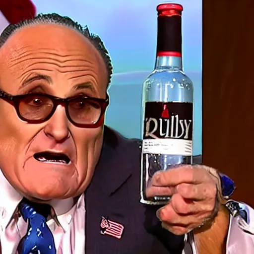 Image similar to news still of a drunk rudy giuliani holding a bottle, 4 k, professional