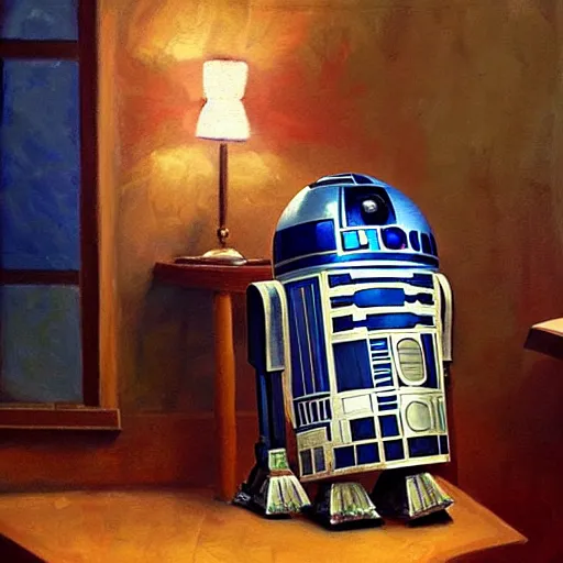 Prompt: modern stylized oil painting portrait of r2d2 at table in western saloon, 1890, very very very very very very very beautiful masterpiece, realistic and detailed, artstation, interesting artificial spotlight lightning, cinematic, dramatic