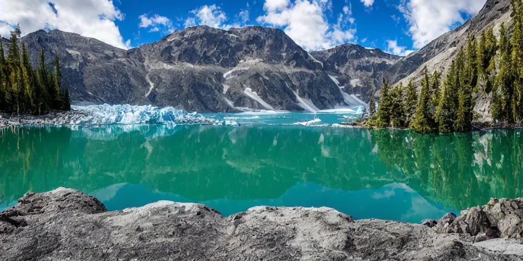 Prompt: glacial lake, blue water, washington state, many trees, high rocks