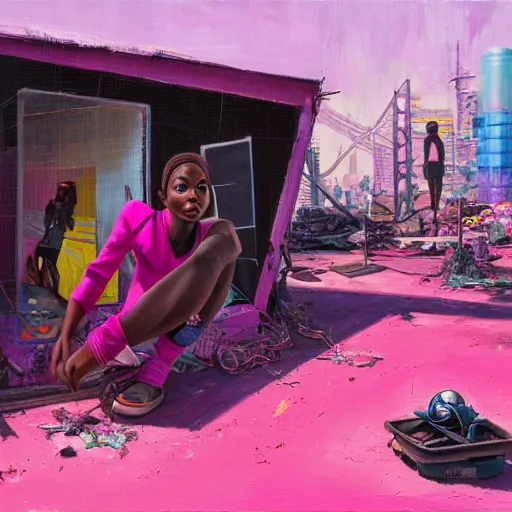 Image similar to a black girls building a pink spaceship out of junk in the cyberpunk ghetto by justin bua, oil on canvas, 8k