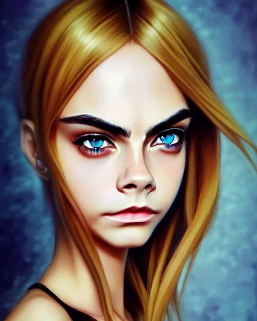 Image similar to portrait of Cara Delevingne as Anime girl cute-fine-face, full body! pretty face, realistic shaded Perfect face, fine details. Anime. realistic shaded lighting by Ilya Kuvshinov Giuseppe Dangelico Pino and Michael Garmash and Rob Rey