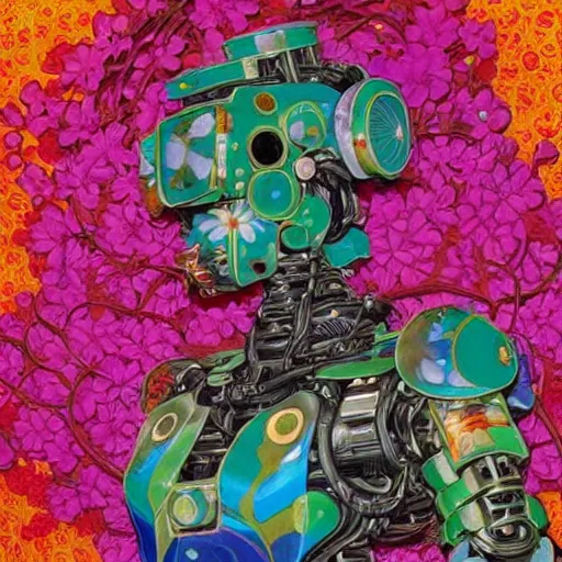 Image similar to colourful vfx art - portrait of army mecha robot wrapped in flowers & vines, art by utagawa kunisada & tadanori yokoo, volumetric light, ray tracing, sharp, detailed, digital painting, illustration, highly detailed, intricate detail, unreal engine, octane render, pinterest, behance, art station,