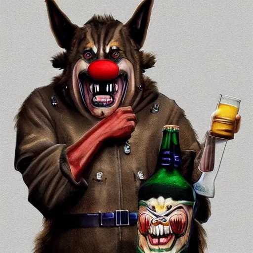 Image similar to a humanoid german shepherd beast - man in clown style, holding a bottle of beer, artstation, concept art, smooth, sharp foccus ilustration, artstation