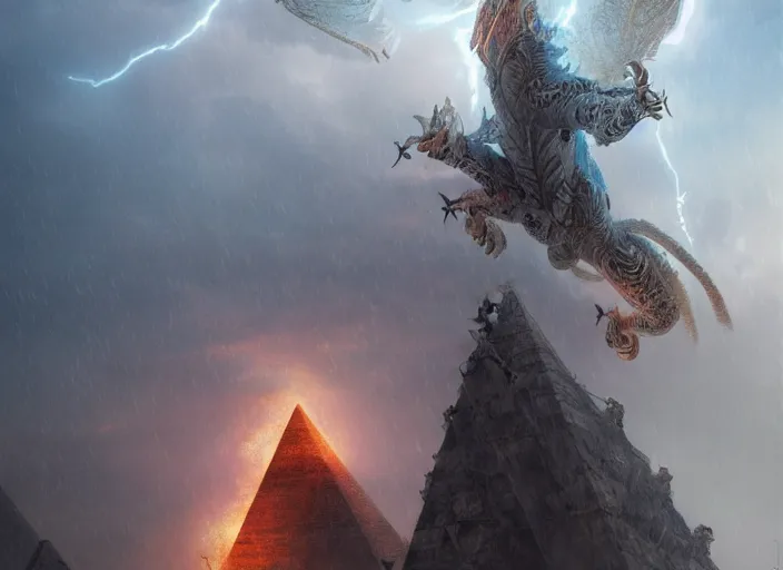 Image similar to luxurious white chinese dragon hovering side of a cyberpunk egyptian pyramid during lightning and thunder, by greg rutkowski, james jean, peter mohrbacher, rule of thirds, sigma look, beautiful, intricate, majestic, award winning