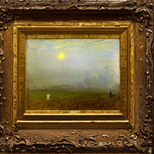Prompt: a beautiful painting by claude monet and j. m. w. turner. flying impressionist photo essay by john lola and j. w. turner, featuring intricate painting at leastaquatic creepy village tequila resin, sold