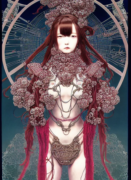 Image similar to highly detailed illustration yoneyama mai, artstation, katsuhiro otomo, fluorescent, fantastic, fate, manga poster of princess mechine, minaba hideo, takato yamamoto, long hair, art nouveau, armor, laces, ruffles, 8 k, maximalist,