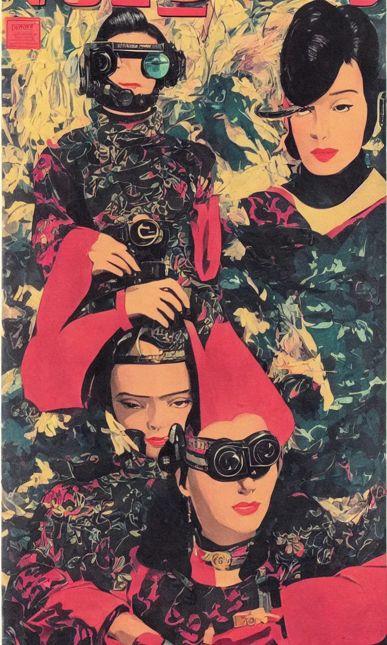 Image similar to 1979 OMNI Magazine Cover depicting a portrait of a Beautiful woman wearing a Gucci kimono and AR goggles, qAkira style by Vincent Di Fate