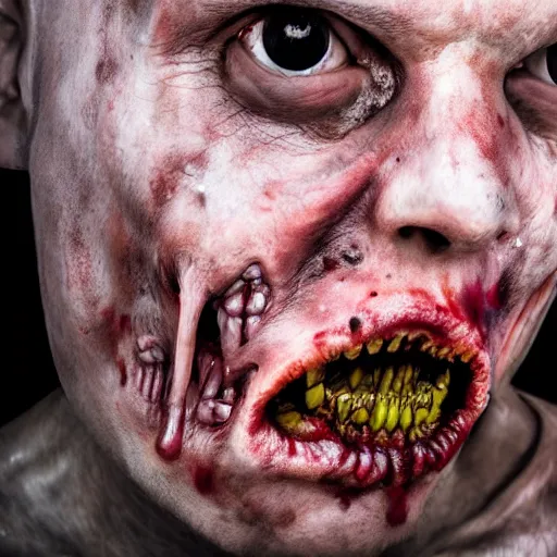 Image similar to a very realistic and scary portrait of a zombie man, flesh get down, eye is falling as jaw, very detailed photography, 4k